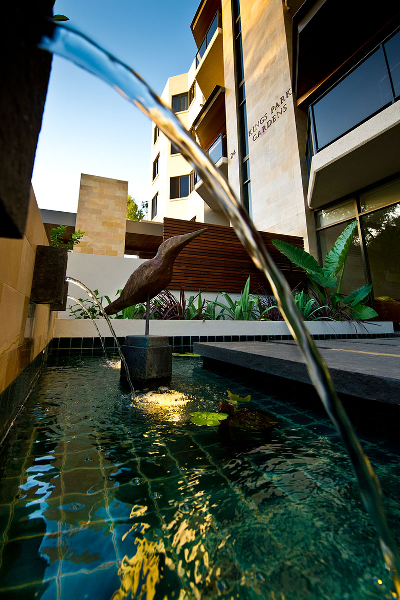 Luxury water feature design in apartment complex