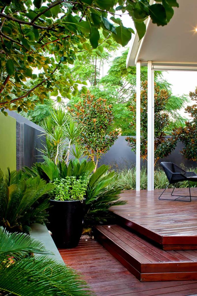 modern landscape design in Melville Perth with timber decking and lush planting