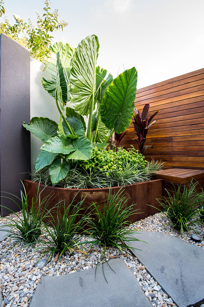 outdoor bathroom with timber and lush planting